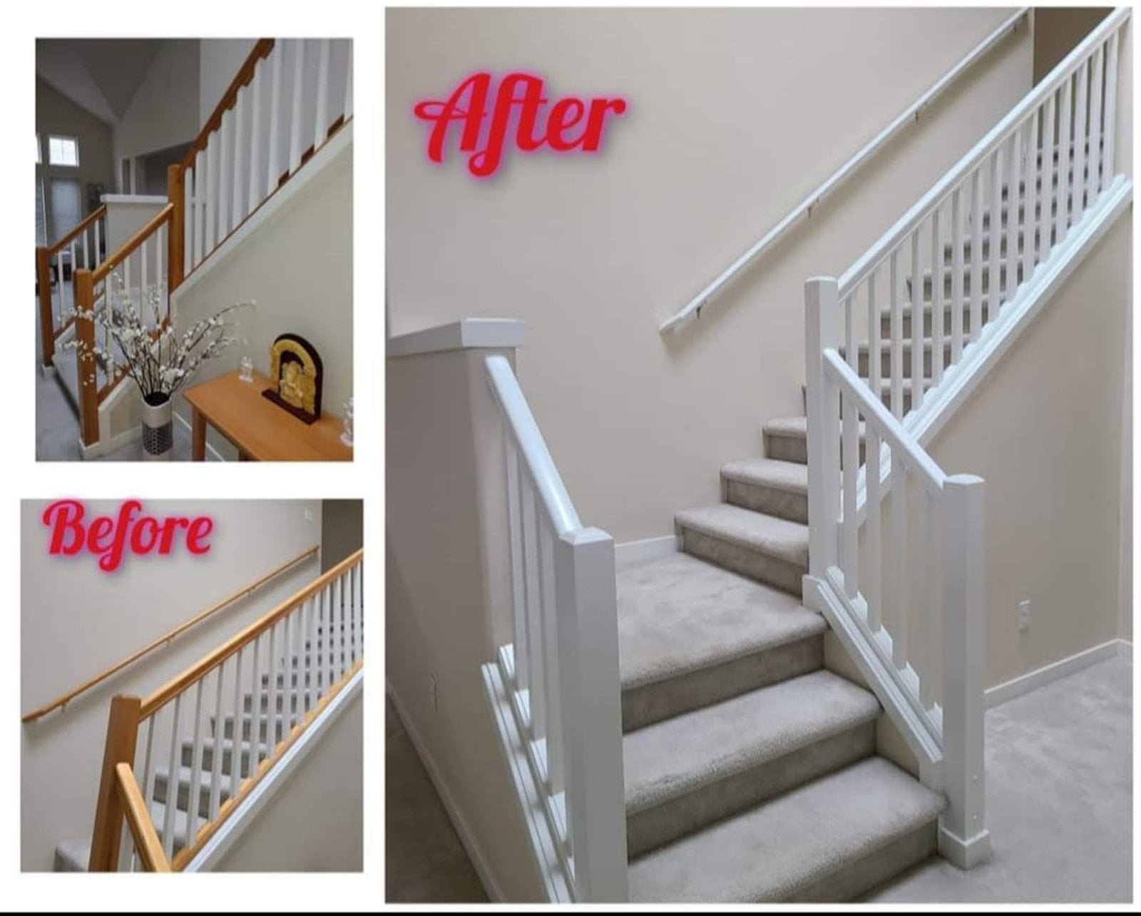 Interior staircase railing repaint in Monroe WA, with natural wood balusters and handrail painted crisp white for a clean, modern look